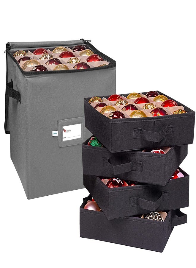 Primode Christmas Ornament Storage Box, 4 Individual Trays Xmas Storage Container, Fits 64 Ornaments Decoration Balls, Constructed of Durable 600D Oxford Material (Gray) - Image 1